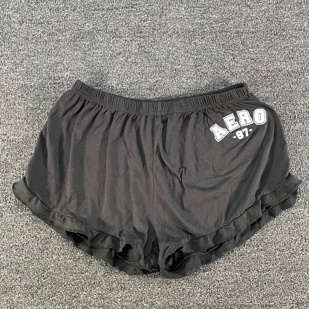 Aeropostale Lounge Shorts Womens L Black Good Ruffle Hem Graphic WY0947-001-ASA